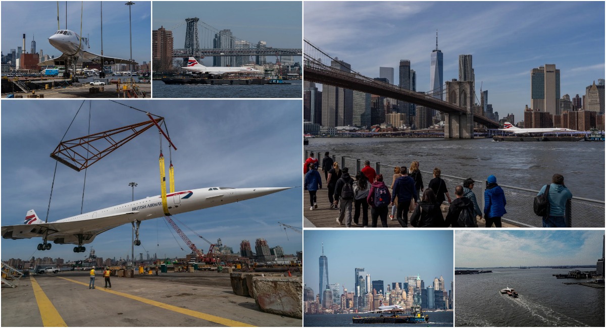 Сверхзвуковой реактивный самолет Concorde возвращается в нью-йоркский музей Intrepid после ремонта