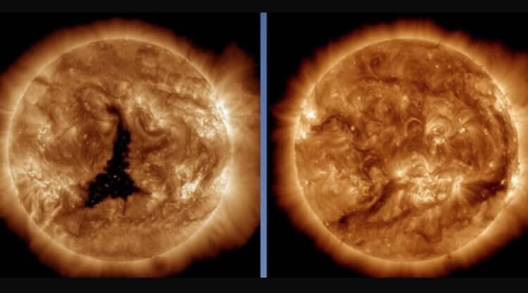 На Солнце появилась огромная «дыра»: как она может довести нас до психоза? Новая корональная дыра на Солнце занимает огромную площадь. Источник изображения: NASA. Фото.
