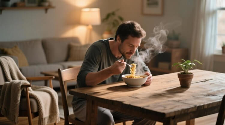 Что внутри стандартной пачки лапши быстрого приготовления типа Доширак. Питаться постоянно одной лапшой опасно для здоровья. Фото.