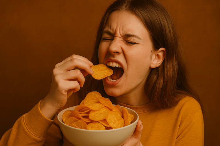 Что делает чипсы такими вкусными и почему мозг требует ещё. Палатебельные продукты (богатые жиром/углеводами/солью) активируют дофаминовую систему вознаграждения и могут усиливать тягу к перееданию, что описано в обзорах по нейробиологии питания. Что делает чипсы такими вкусными и почему мозг требует ещё. Палатебельные продукты (богатые жиром/углеводами/солью) активируют дофаминовую систему вознаграждения и могут усиливать тягу к перееданию, что описано в обзорах по нейробиологии питания. Фото.