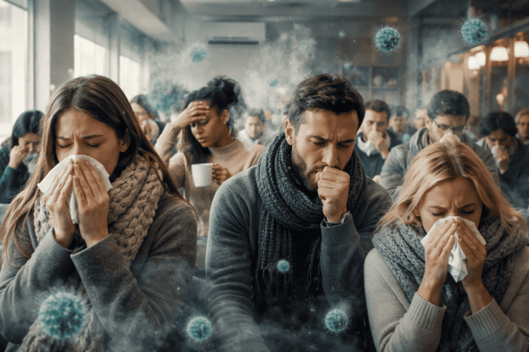 Почему зимой мы чаще заражаемся: скученность и плохая вентиляция. Скученность в помещениях + редкое проветривание — один из ключевых факторов роста заражаемости зимой. Фото.