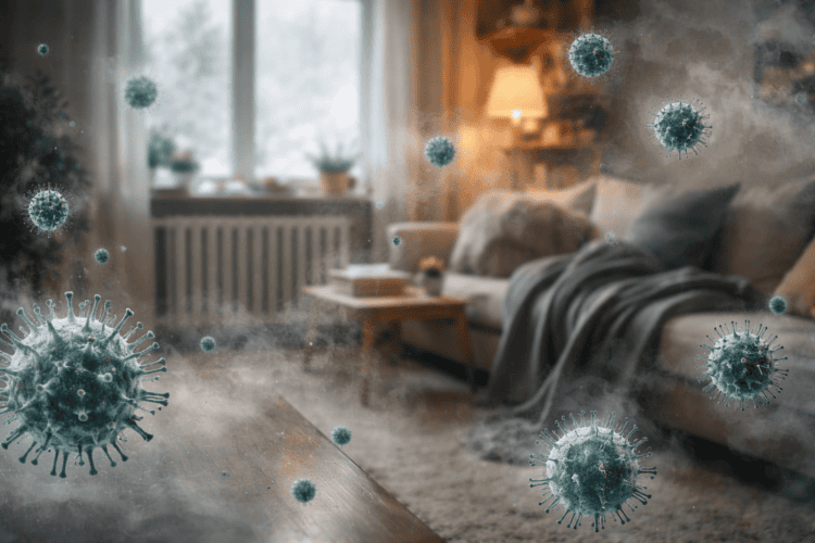 Сухой воздух: почему вирусы распространяются быстрее зимой. Сухой воздух → капли с вирусами и бактериями быстрее высыхают → дольше находятся в воздухе. Фото.